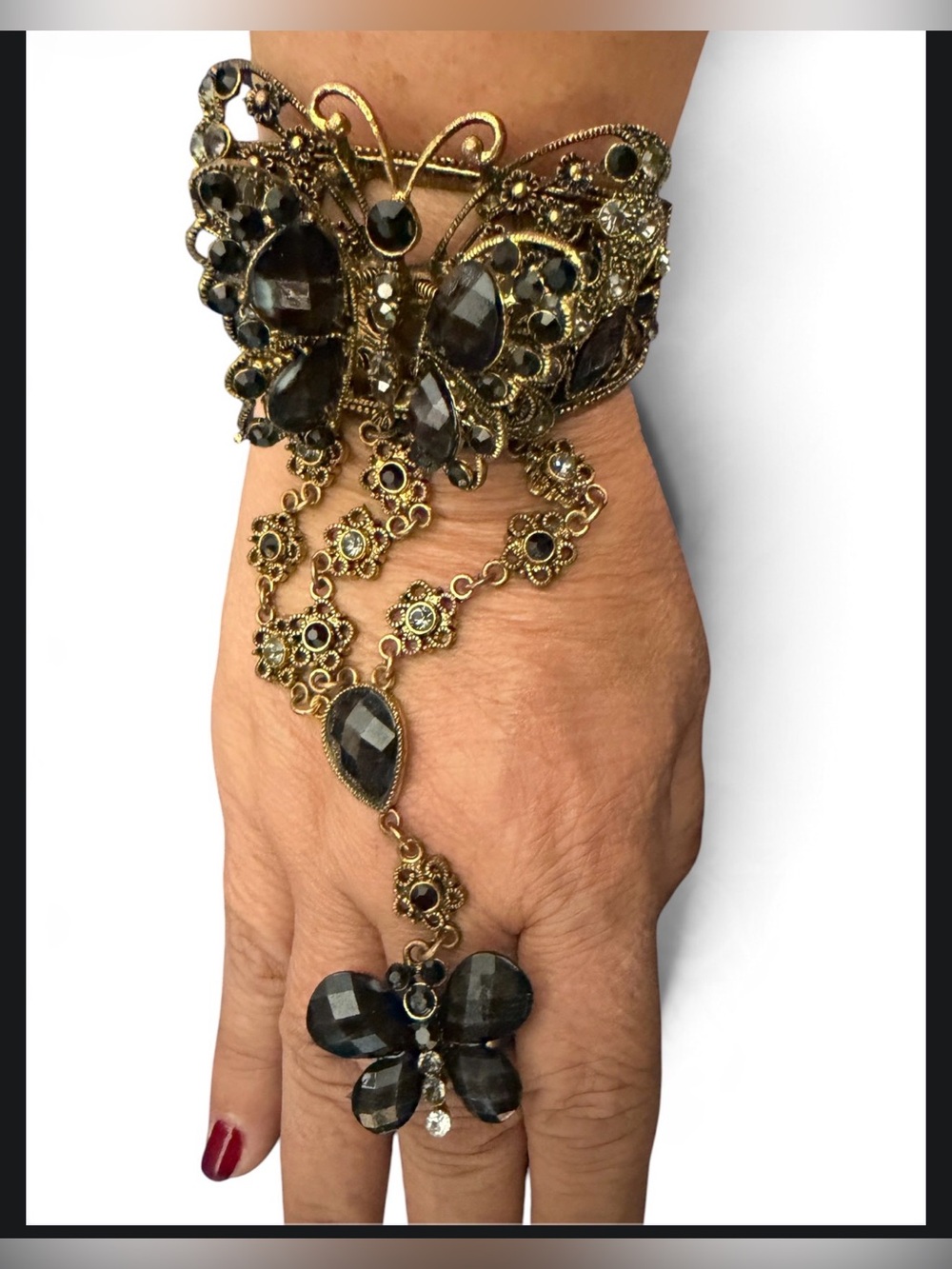 Antique Gold Butterfly Hand Bracelet and chain with a big butterfly ring